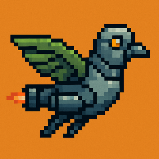 Pixel art of a smaller robotic pigeon with jet wings and a streamlined shape. Fast enemy type in a 2D arcade game. Side view, green metal feathers.
In-Game asset.  2d.  High contrast.  No shadows