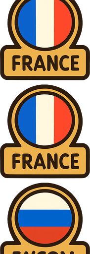 A flat, 2D game UI-style asset showing a vertical set of three country pins labeled: "France "Russia". Each pin includes a circular flag icon above the text label. The layout is columnar, cartoonish, and visually clean. Each pin should be exportable or usable individually for a mobile game's level selection screen..
In-Game asset.  2d.  High contrast.  No shadows
