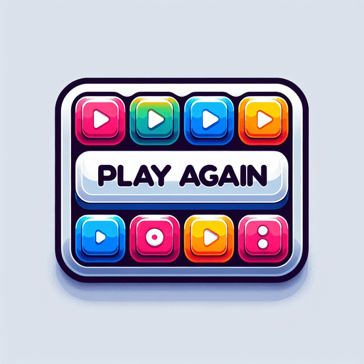 A colorful rectangular button with the text "Play Again" with each letter in a different color picked from a nice palette..
Single Game Texture. In-Game asset. 2d. Blank background. High contrast. No shadows.