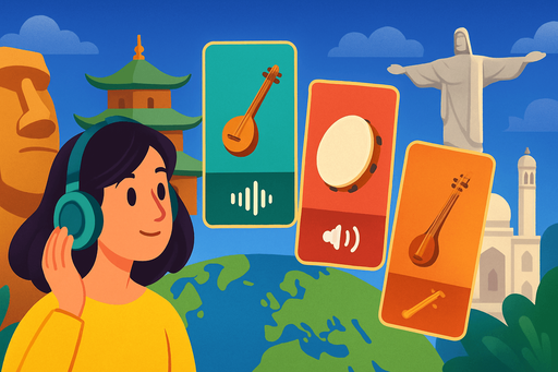 Fullscreen modern App Store landscape banner, 16:9, high definition, for a game titled "Sound Explorer: World Tour" and with the description "Listen to authentic sounds from different cultures and guess correctly to travel the world! Match traditional instruments and cultural audio to their visual representations in this educational journey.". No text on banner!