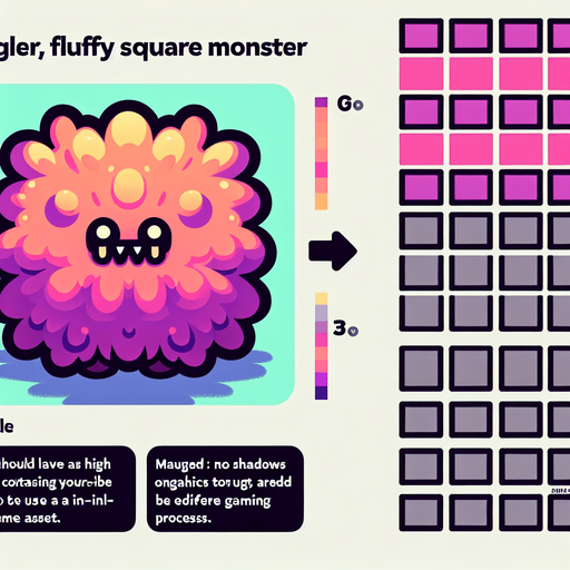 fluffy square monster cutie.
Single Game Texture.  In-Game asset.  2d.  Blank background.  High contrast.  No shadows