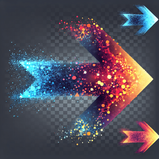 Sprite sheet of particle textures arrows. Bright colors, gradient from blue to orange in direction of arrow. Transparent gray background.