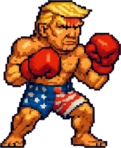 pixel streetfighter style blonde american fighter, looked like donald trump, with american flag short, and boxing gloves