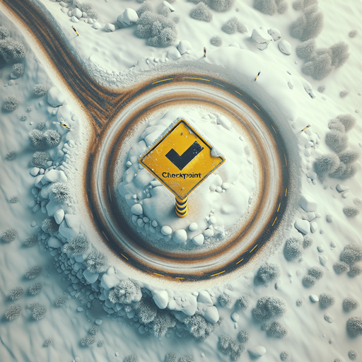 Photorealistic Yellow Checkpoint rally roadsignal covered by snow, drone view.