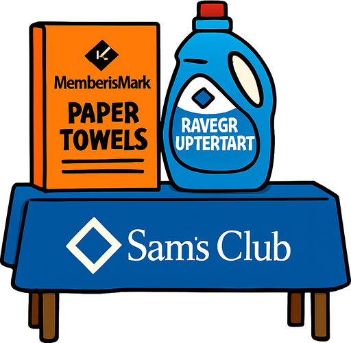 Que tenga un mantel azul  con el logo de sams club, sean menos productos y la mesita sea mas alta, el mantel no llega hasta el suelo, si no hasta a la mitad de la altura y permite ver las patitas de la mesa