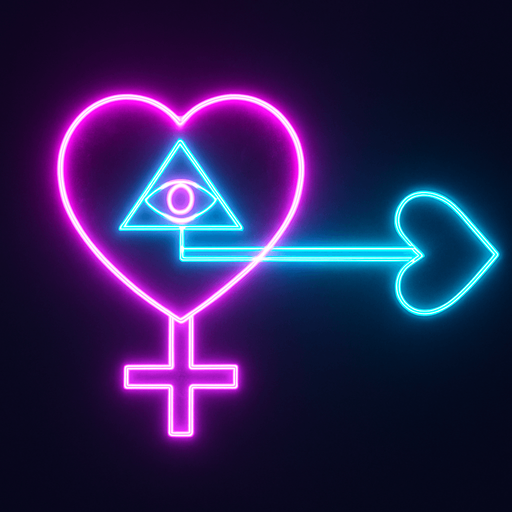 Neon cyberpunk arrow glowing hologram heart eye triangle sigil, symbol of Venus female sign with heart motif tip, magic love arrow pink cyan laser linework