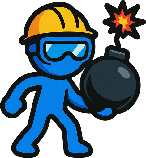 Blue stickman with safety goggles, yellow safety helmet and a bomb.
In-Game asset.  2d.  High contrast.  No shadows