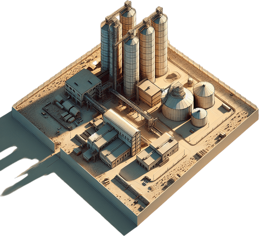 Simple Spice Refinery with silos and a rectangular fence..
Zenith view Directly overhead. Plumb view.