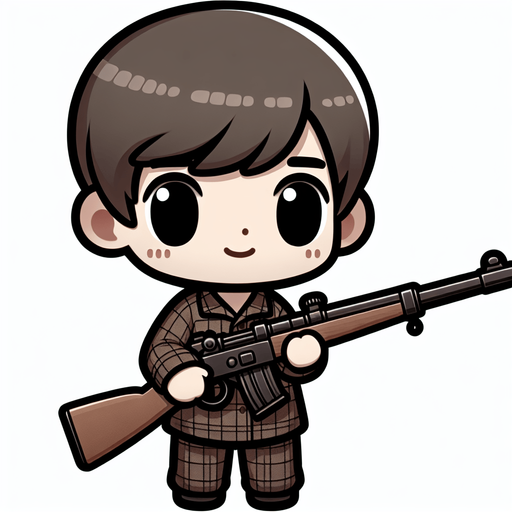 A cute boy with am 47 in hand.
Single Game Texture. In-Game asset. 2d. Blank background. High contrast. No shadows.