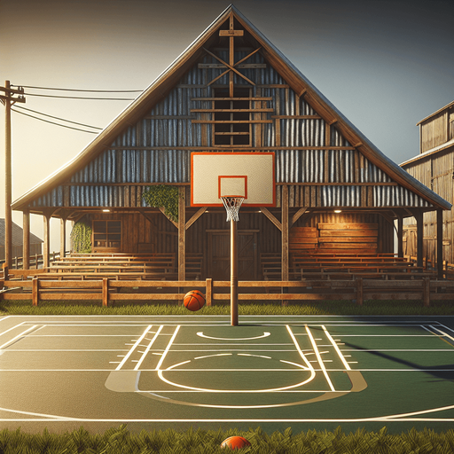 basketball barn background.
Single Game Texture. In-Game asset. 2d. Blank background. High contrast. No shadows.