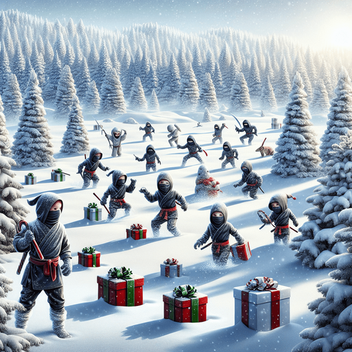A beautiful winter snowy christmas landscape with ninja thieves kids lurking. Christmas gifts are hidden in the snow.
Single Game Texture. In-Game asset. 2d. Blank background. High contrast. No shadows.