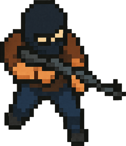Draw a Man He Have Baclava mask wearin brown shirt and blue pants He Using Gun with 2 hands 
 in 2D Pixel Art Style and Do It from an Above Perspective.In-Game asset.  2d.  High contrast.  No shadows