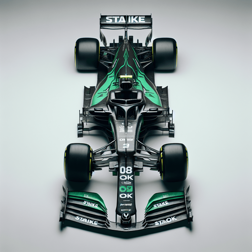 Photorealistic f1 race car, Top view. Black and grassgreen painted body. White "Staike" text on rear wing. OK OK texts on front wing.