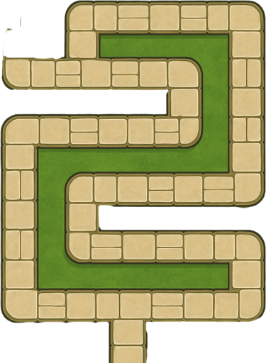 A top-down orthographic view of a TD map. The focus is a single, continuous stone-paved path. This path is a long, serpentine line that twists and turns across the map in a strict grid pattern with sharp 90-degree angles. Crucially, the path never forks, branches, or intersects with itself; it is one unbroken line from start to finish. It enters at the top-center edge and exits at the bottom-center edge. The buildable areas next to the path are wide, flat, and empty grass. All decorative clutter, like mossy ruins and ancient trees, is kept exclusively on the outer perimeter of the map. Stylized and hand-painted. --no towers, no characters, no buildings, no crossroads, no forks.
In-Game asset.  2d.  High contrast.  No shadows