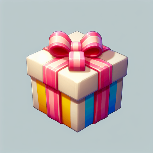 gift wrapped box, bright light colours. with bow on top Single Game Texture. In-Game asset. 2d. Blank background. High contrast. No shadows. Single Game Texture.
