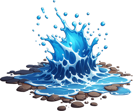 Water spill.
Single Game Texture.  In-Game asset.  2d.  Blank background.  High contrast.  No shadows
