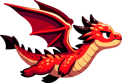 a red dragon looking ambitious and has a young age.
Single Game Texture.  In-Game asset.  2d.  Blank background.  High contrast.  No shadows. flappy bird like dragon low detail,flying on blank background has a straight tail and detailles