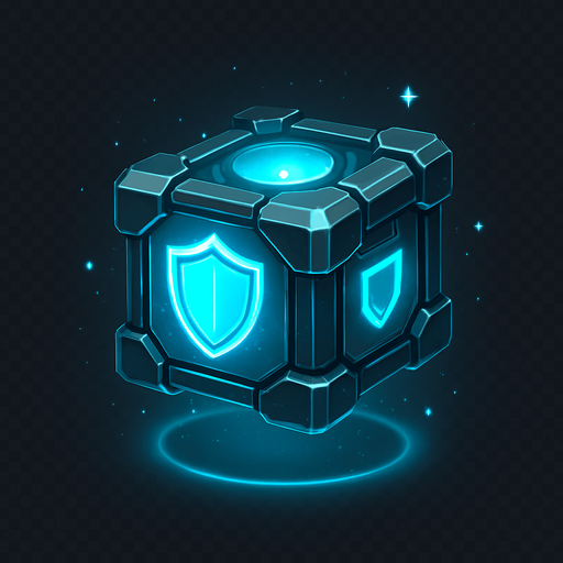 A 2D sci-fi power-up gift box that grants a shield, designed with a glowing blue energy core inside a metallic futuristic container. The box features holographic shield symbols, neon cyan highlights, and soft pulsing light. It is slightly levitating, surrounded by sparkles and a faint energy ring. The design should clearly suggest it gives protective power. Transparent background, digital art style, ideal for sprite use in a top-down space shooter game..
In-Game asset.  2d.  High contrast.  No shadows