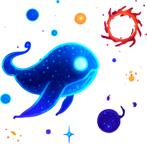 Oyun Adı: Kozmik Balina: Evrimsel Yolculuk

Oyun Türü: Uzayda Hayatta Kalma / Toplama / Büyüme (Casual)

Temel Konsept:
Oyuncu, devasa bir kozmik varlığı (enerji küresi, gezegen ruhu veya kozmik balina yavrusu gibi) kontrol eder. Amacı, uzaya dağılmış enerji parçacıklarını ve kürelerini emerek büyümek, evrimleşmek ve arenada sürekli beliren tehlikeli kozmik anomalilerden (kara delik benzeri alanlar, düşman varlıklar) kaçarak mümkün olduğunca uzun süre hayatta kalmaktır. Odak noktası görsel büyüme ve atmosferik keşiftir.

Görsel Stil ve Atmosfer:
* **Genel Estetik:** Minimalist ama zengin ve büyüleyici bir kozmik sanat stili. Derin uzayın gizemini ve güzelliğini yansıtmalı.
* **Renk Paleti:** Koyu lacivert, mor, derin siyahlar arka plan için. Oyuncu, toplanabilirler ve düşmanlar için parlak neon mavisi, mor, turuncu, kırmızı, sarı gibi kontrast renkler.
* **Parçacık Efektleri:** Bol miktarda parlak parçacık efekti (yıldız tozu, enerji emilimi, çarpışma parlamaları, evrimsel auralar).

O.
In-Game asset.  2d.  High contrast.  No shadows