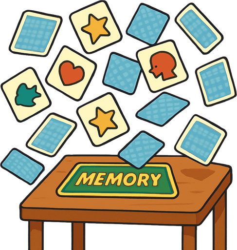 A table with the game Memory on it that got jostled so the card are flying in the air..
In-Game asset.  2d.  High contrast.  No shadows. Cartoon style. 3D image
