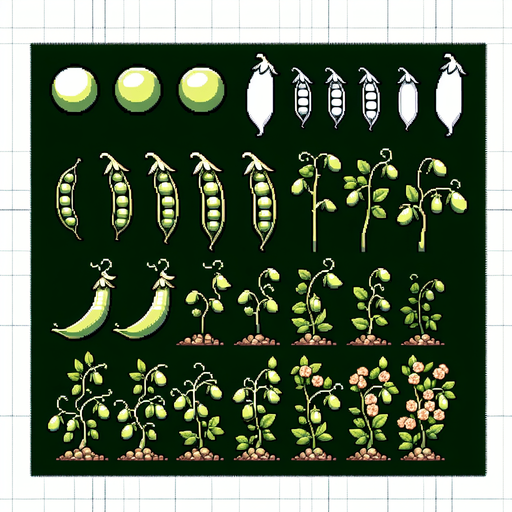 A spritesheet showing a pea plant in various stages of germantion, from pea over sapling and to full grown plant with ripe pea pods. The sprites should be laid out in a rectangular grid with blank space between them..
Single Game Texture. In-Game asset. 2d. Blank background. High contrast. No shadows.