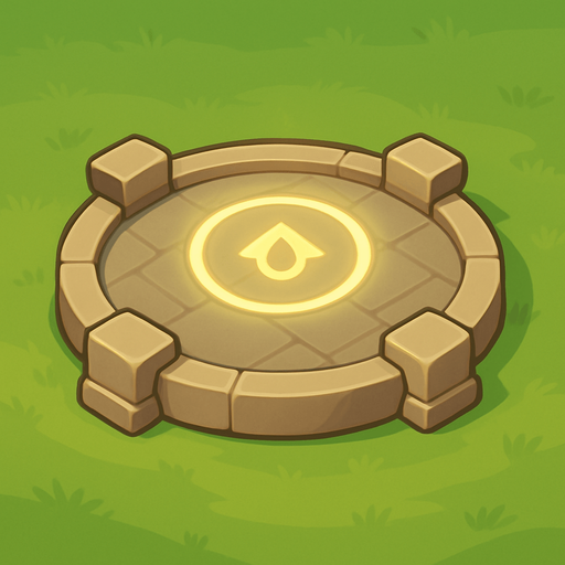 Crea un asset de Plataforma de Construcción de Torre Defensora en un estilo 2D renderizado, limpio y cartoonish, con contornos claros y definidos, colores vibrantes con transiciones suaves, y sombreado que dé volumen. Debe ser un espacio claramente definido donde el jugador pueda construir una torre.

Forma: Un círculo o una plataforma octogonal ligeramente elevada del suelo.

Textura: La superficie de la plataforma podría ser de piedra lisa, adoquines, o un patrón de madera entrelazada.

Color: Los colores deben ser neutros o ligeramente contrastantes con el terreno circundante para que sea visible. Tonos de gris, marrón claro o beige podrían funcionar bien.

Indicador de Construcción: Debe haber una indicación clara de que se puede construir algo aquí. Esto podría ser un glifo o símbolo sutil grabado en la superficie, o un halo de luz tenue que emana de la plataforma, o cuatro pequeños soportes/pilares en las esquinas/bordes para sugerir una base..
In-Game asset.  2d.  High contrast.  No shadows