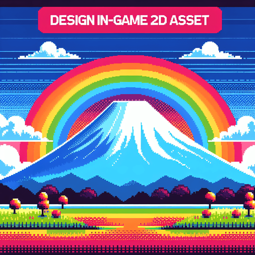 A Mount fuji background with a big rainbow crossing from side to side in the sky, pixel style, colourful.
Single Game Texture.  In-Game asset.  2d.  Blank background.  High contrast.  No shadows
