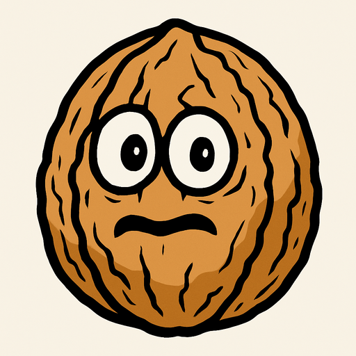 Nuez de color marrón claro, con una textura rugosa que le da un aspecto robusto. Es de forma ovalada, ligeramente más ancha en la base. Tiene dos ojos grandes y blancos con pupilas negras, que miran hacia adelante, y una boca pequeña y sonriente que le da una expresión algo asustadiza o sorprendida..
In-Game asset.  High contrast.  No shadows