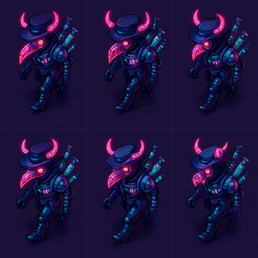 Neon cyberpunk anime top down isometric animatronic plague doctor cyborg demon medic CDC corporate robot monster disease pestilence medicine syringes Walking animation frames