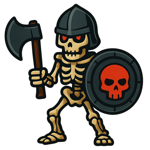 Skeleton with it's skull covered with a dark helmet, a dark axe and a shield with a red skull in the middle.
In-Game asset.  2d.  High contrast.  No shadows