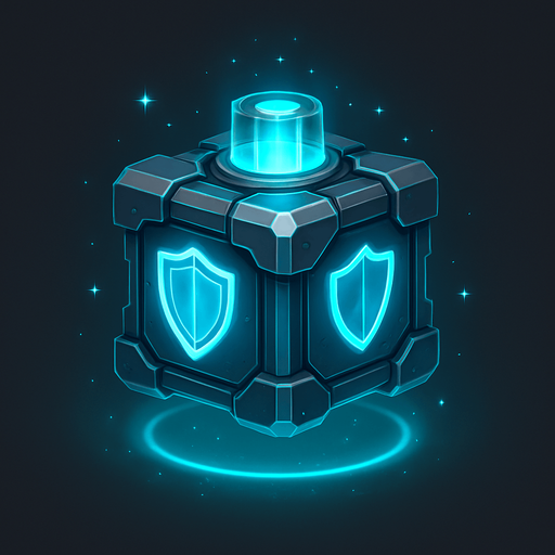 A 2D sci-fi power-up gift box that grants a shield, designed with a glowing blue energy core inside a metallic futuristic container. The box features holographic shield symbols, neon cyan highlights, and soft pulsing light. It is slightly levitating, surrounded by sparkles and a faint energy ring. The design should clearly suggest it gives protective power. Transparent background, digital art style, ideal for sprite use in a top-down space shooter game..
In-Game asset.  2d.  High contrast.  No shadows