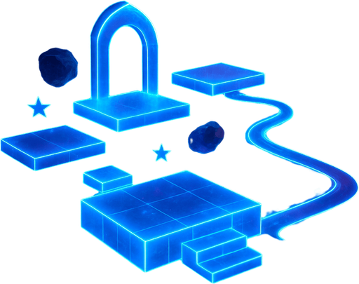 3d hologram neon cyberpunk starlight magick galaxy overlay projection asteroid starfield Platforming magical dimension pathway level obstacle layout videogame Map space layout magical mystical cosmic colorful glowing scene blackhole supernova nebula galaxies universe