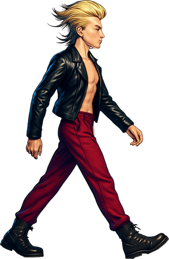 Walking Front arm in front of body, front leg extended behind, back leg in front, limbs positions swapped, Swishy graceful man Cyberpunk manga, side profile view walking animation, shiny black leather biker jacket longsleeves shirtless Skinny abs blonde pompadour guy, wine red joggers combat boots, Background removed, "Full-body character, entirely in frame, no cropping of face, head, or feet" "Complete character visible, from head to toe, fully centered in the image" "Entire character, including face and boots, fully within the frame" Character fully contained within a square frame, no edges cut off fashion model idle pose