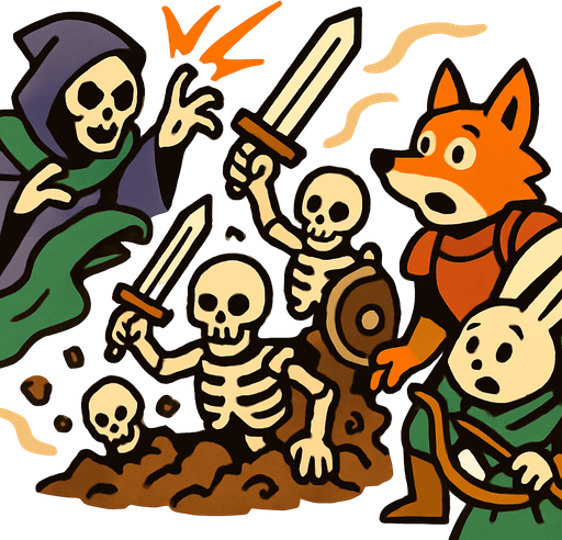esqueletos guerreros que salen de la tierra por un brujo, miesntras un ballero zorro y un conejo arquero miran asombrado.
In-Game asset.  2d.  High contrast.  No shadows