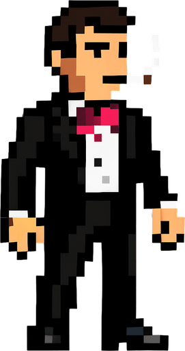 man in a black and white tuxedo with a pink bow tie and with a cigarette in his mouth, whole body shown 2d pixel art..
In-Game asset.  2d.  High contrast.  No shadows