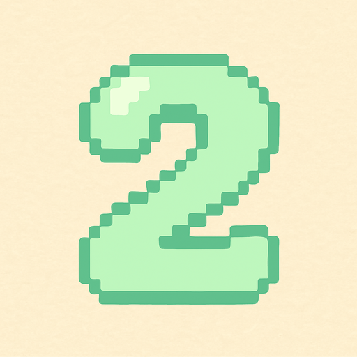 A pixel art number "2" designed for a cozy, cute retro 2D game UI with a bird theme. The number is rendered in soft pastel light green tones to harmonize with the gentle and sweet aesthetic of the game. It has a clean, simple, and rounded pixel style with no harsh edges, fitting perfectly within the pixel art UI style. The number is bold and easily readable at small sizes..
In-Game asset.  2d.  High contrast.  No shadows. pixel art. retro. 2d ui. number. pastel light green. simple. rounded edges. bold. cute. minimal