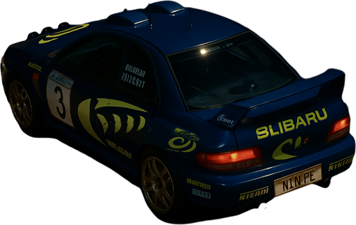 Photorealistic 1990'S Subaru Impreza WRC Rallycar in nightlight, drone topview from back and 45 degrees angle in top right corner