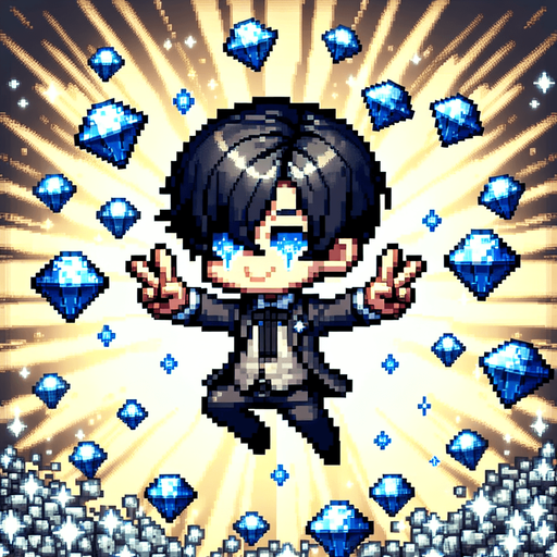 pixel person with black hair, black pants, black eyes, and blue clothes making a V with hands jumping in a rain of diamonds.
Single Game Texture.  In-Game asset.  2d.  Blank background.  High contrast.  No shadows