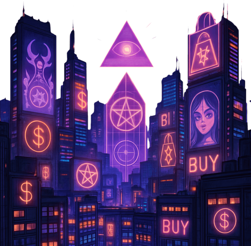 cyberpunk neon anime metropolis skyline corporate holograms billboards, occult-capitalism-consumerism imagery nighttime futuristic architecture glow