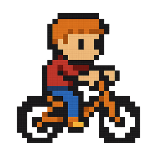 A 2D, Pixalted Bike with one wheel in front and one at the back with a pixelated character on..
In-Game asset.  2d.  High contrast.  No shadows