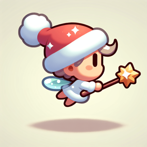 Profile view of a cute little fairy with a santa hat and a magic wand. Flying in the right direction. Single Game Texture. In-Game asset. 2d. Blank background. High contrast. No shadows.