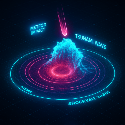 Overhead digital simulation hologram of oceanic meteor impact tsunami wave shockwave radius circle outward crashing neon cyberpunk 3d diagram