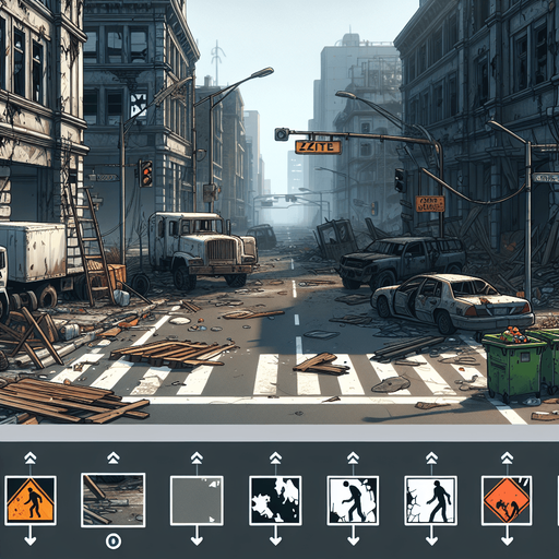 Open road in a city that is plagued by zombies.
Single Game Texture. In-Game asset. 2d. Blank background. High contrast. No shadows.