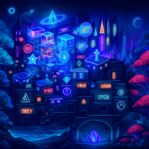 Expand on both sides landscape orientation neon cyberpunk metropolis world sidescrolling platformer futuristic holograms skyline jewel-tones forest cosmos ocean subterranean glowing simulation projection fantasy sci-fi background