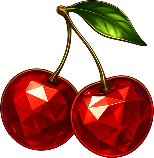 Crea un asset para el símbolo 'E' de Megaways: Cerezas Lujosas.
Dos cerezas rojas, estilizadas para parecer joyas o gemas, con una superficie brillante y reflejos. El tallo debe ser fino y elegante. Colores rojos intensos y brillantes. Estilo de casino sofisticado. Fondo transparente. Un giro elegante a un clásico (20x).
In-Game asset.  2d.  High contrast.  No shadows