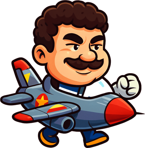 Design a cartoon-style character inspired by Head Ball characters, but themed as a fighter jet. The character should have an oversized head (like in the original Head Ball game), but instead of a human body, the head is mounted on a small cartoon fighter jet body. The jet should be stylized and playful, with exaggerated features like short wings, colorful decals, and a compact, fun shape. The cockpit should seamlessly blend into the character's neck or jawline area. The jet can have arms coming out from the sides of the fuselage like wings, and the rear part can have feet-like tail fins resembling shoes.
The overall design should feel dynamic, energetic, and arcade-like, as if mid-flight in a blue sky or cockpit environment.

The face should be: A cartoon-style floating head of a chubby young man with a round, soft face. He has thick curly short hair, a bushy mustache, and a mischievous half-smile with slightly squinted eyes. His cheeks are full, and his expression is confident and che.
In-Game asset.  2d.  High contrast.  No shadows