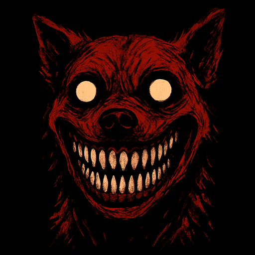 The image displays a highly disturbing and unsettling close-up of what appears to be a dog's head, heavily distorted and manipulated to create a horrific effect. The most striking feature is the dog's mouth, stretched into an impossibly wide and menacing grin that reveals numerous sharp, human-like teeth. Its eyes are wide open, round, and blank white or glowing, contributing to an overall vacant and soulless stare. The fur around its face and head is colored in aggressive shades of red and dark brown, giving it a bloodied or demonic appearance. The overall impression is that of a creature from a horror story, designed to evoke fear and discomfort. The background is completely black, isolating the terrifying subject and intensifying its impact..
In-Game asset.  2d.  High contrast.  No shadows