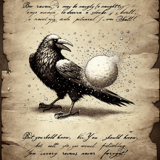 a pergament with a raven hit by a snowball on the top. At the bottom is the text: "Ravens may be naughty to deserve a snowball, but you should know, Ravens never forget!"