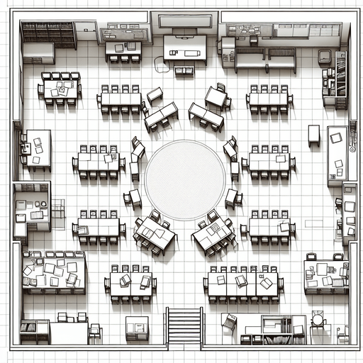 A school classroom from above.
Single Game Texture.  In-Game asset.  2d.  Blank background.  High contrast.  No shadows