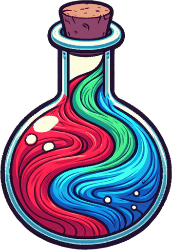 A potion bottle or flask swirling with multiple distinct colors (red, blue, green)..
Single Game Texture.  In-Game asset.  2d.  Blank background.  High contrast.  No shadows